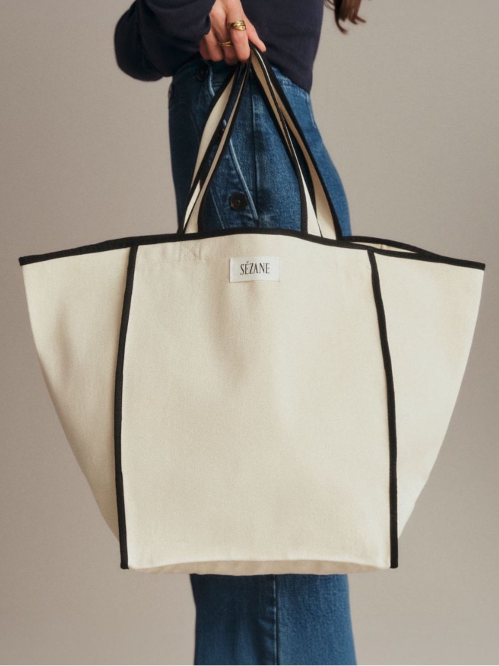 Sezane Cream Canvas Tote with Black Trim tote
